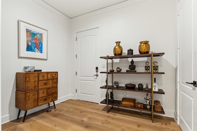 interior space with baseboards, light wood-style flooring, and ornamental molding