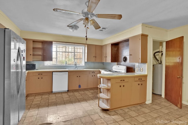 kitchen with visible vents, backsplash, white appliances, and open shelves