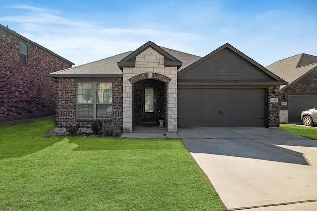 french provincial home featuring driveway, stone siding, a front yard, a garage, and brick siding