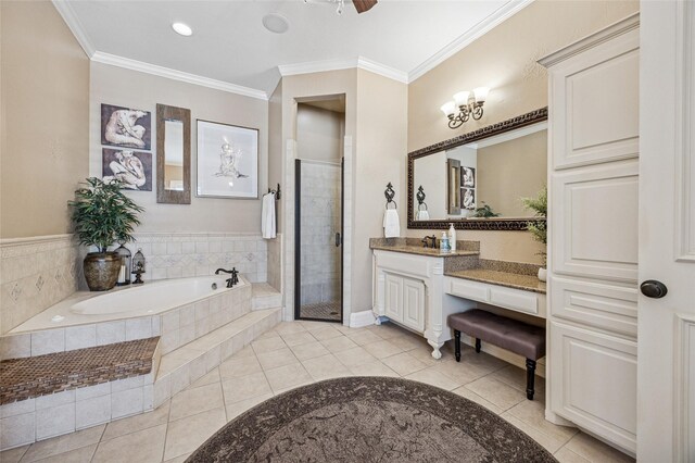 full bathroom with tile patterned flooring, a stall shower, a bath, and ornamental molding