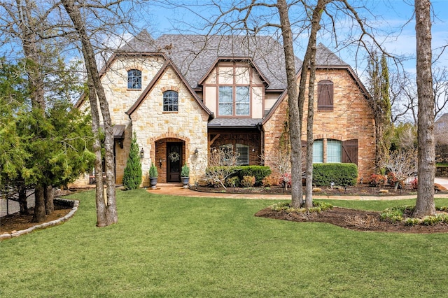 tudor house with brick siding, a front lawn, and roof with shingles