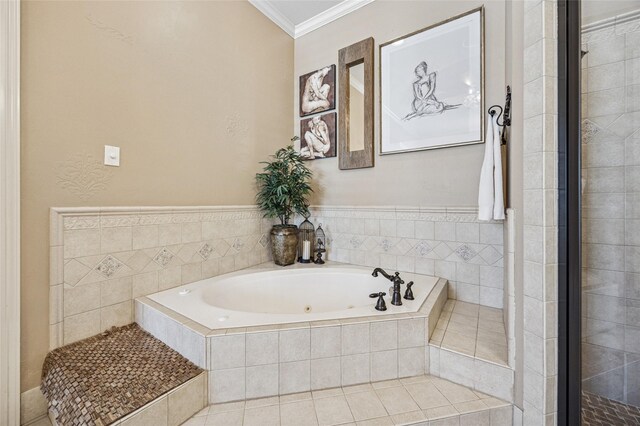 full bathroom with crown molding, a tile shower, and a whirlpool tub