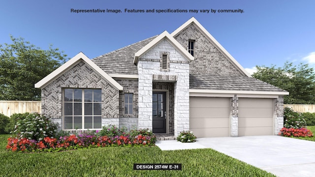 view of front of property with stone siding, an attached garage, concrete driveway, and fence