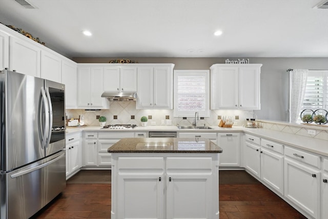 kitchen featuring a sink, plenty of natural light, under cabinet range hood, and stainless steel appliances