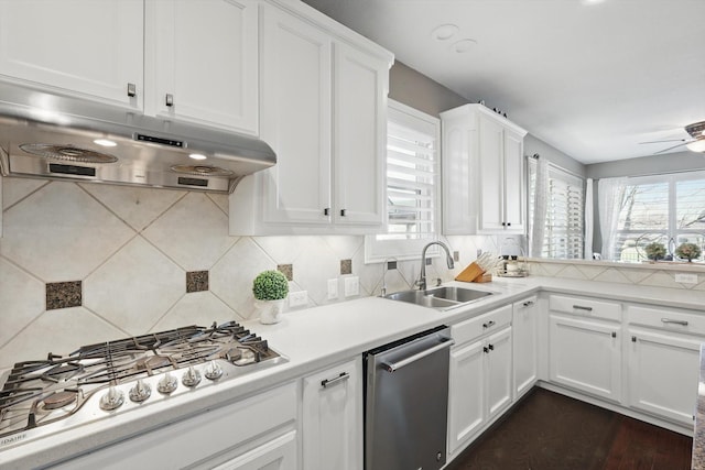 kitchen featuring under cabinet range hood, a healthy amount of sunlight, appliances with stainless steel finishes, and a sink