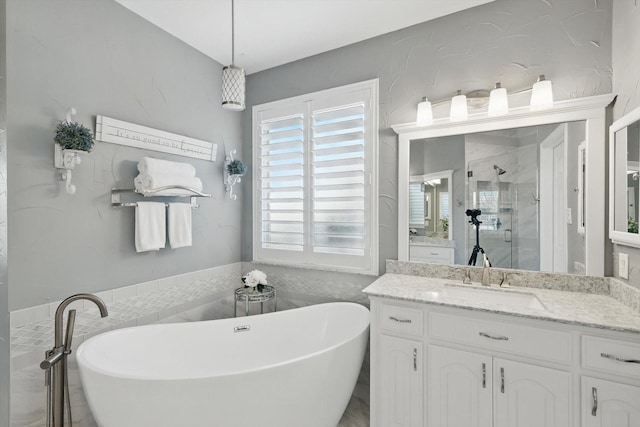 bathroom with a freestanding tub, a stall shower, and vanity