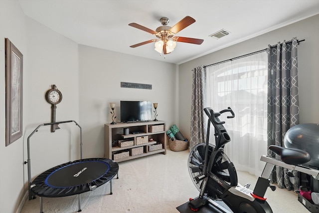 exercise room with visible vents, carpet floors, and ceiling fan