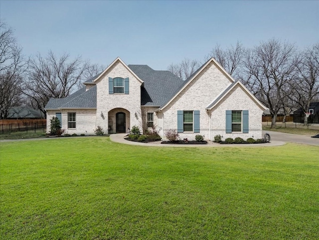 french country inspired facade featuring a front lawn, fence, brick siding, and roof with shingles