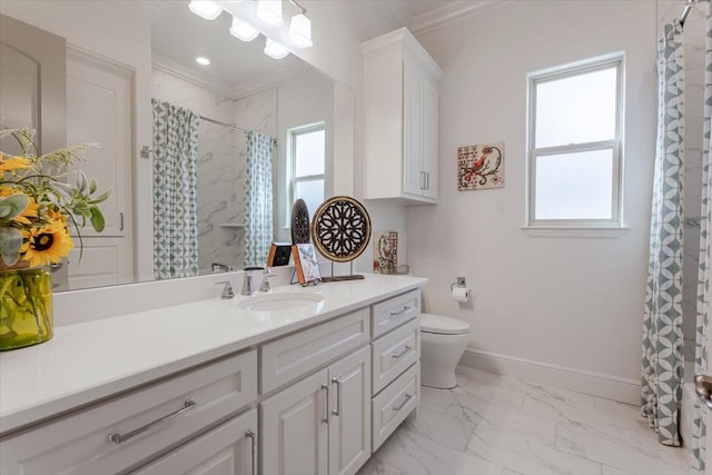 bathroom featuring toilet, marble finish floor, ornamental molding, baseboards, and vanity