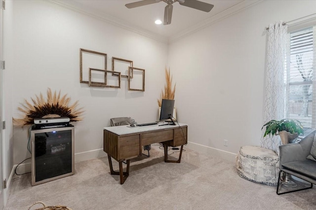 office with baseboards, light carpet, and crown molding