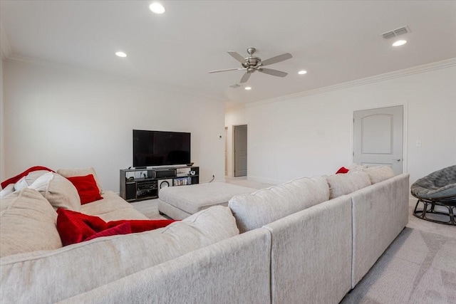 living room with recessed lighting, light colored carpet, visible vents, and ornamental molding