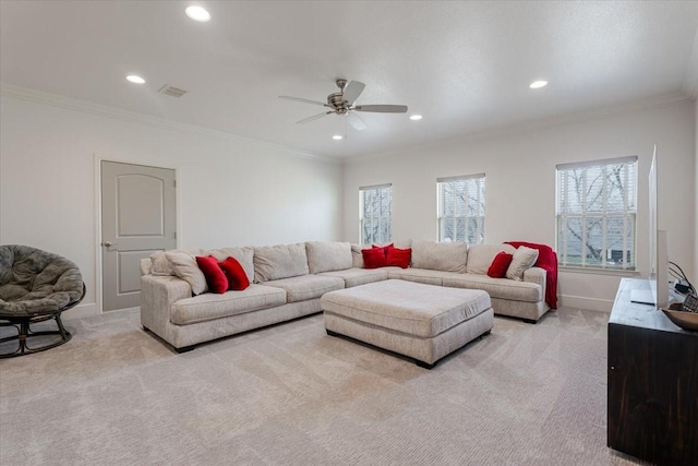 carpeted living room with visible vents, recessed lighting, baseboards, and ornamental molding