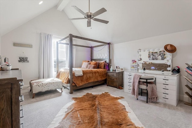 bedroom featuring ceiling fan, beamed ceiling, light colored carpet, and high vaulted ceiling