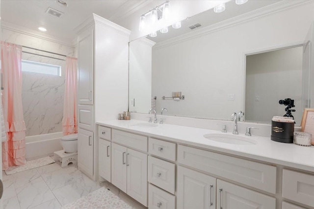 bathroom featuring visible vents, marble finish floor, crown molding, and a sink