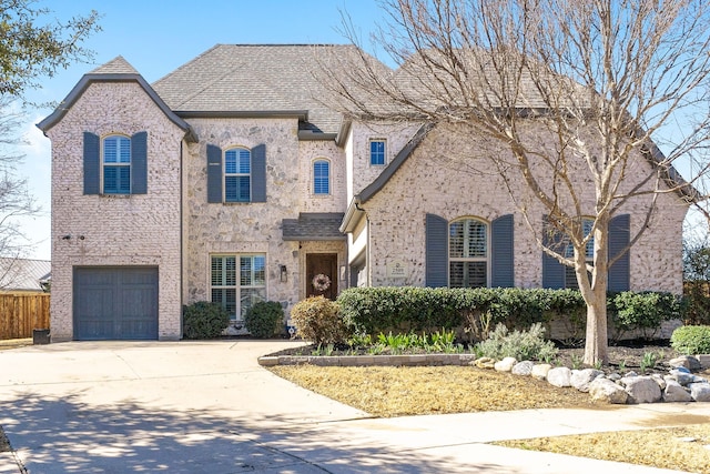 french country inspired facade featuring brick siding, concrete driveway, an attached garage, and a shingled roof