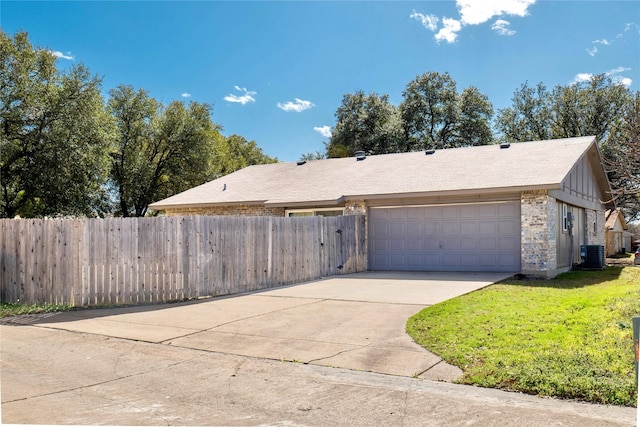 view of home's exterior featuring brick siding, fence, concrete driveway, central AC unit, and an attached garage