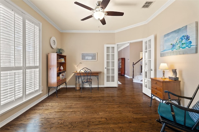 living area featuring visible vents, wood finished floors, french doors, crown molding, and baseboards