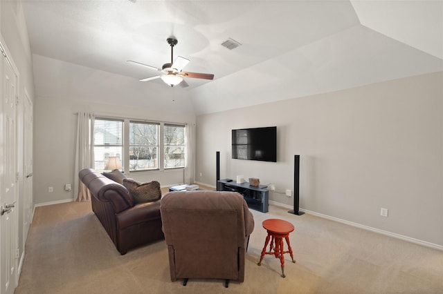 living room featuring visible vents, light carpet, baseboards, ceiling fan, and vaulted ceiling