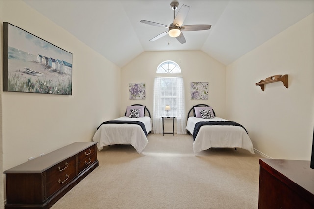 bedroom with light carpet, a ceiling fan, and vaulted ceiling