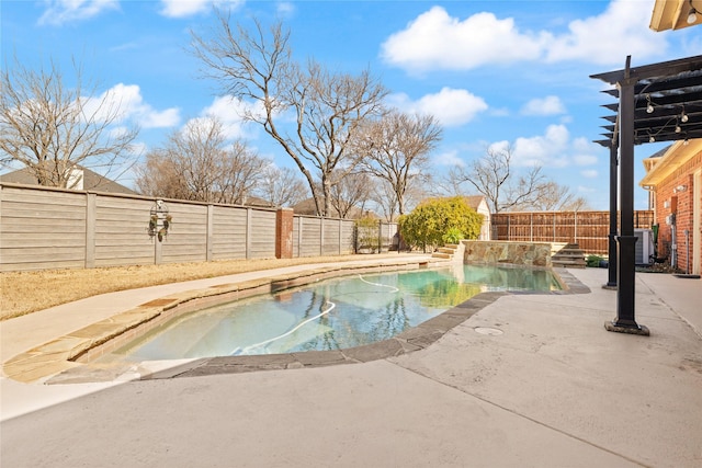 view of swimming pool featuring a fenced backyard, a fenced in pool, and a patio