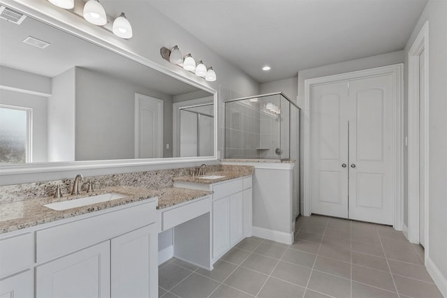 bathroom featuring tile patterned flooring, a shower stall, visible vents, and a sink