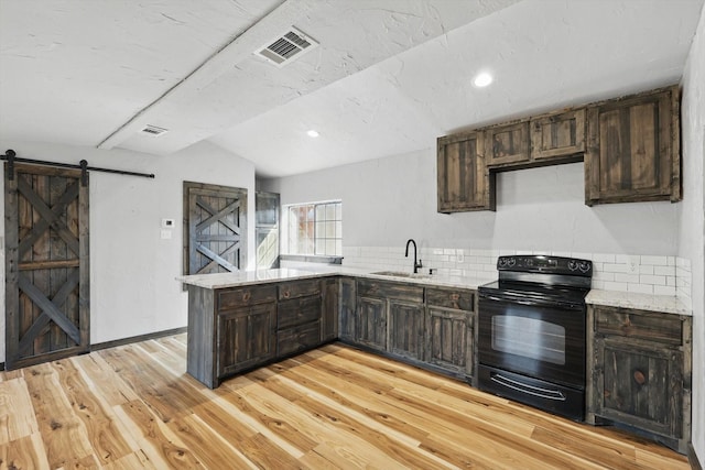 238 Preston Shores Dr, Pottsboro, TX 75076 - kitchen featuring black range with electric cooktop, a barn door, a sink, lofted ceiling, and a peninsula