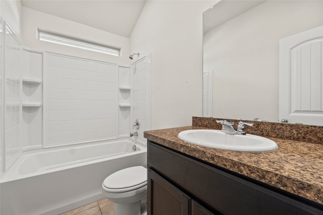 bathroom with vanity,  shower combination, vaulted ceiling, tile patterned floors, and toilet