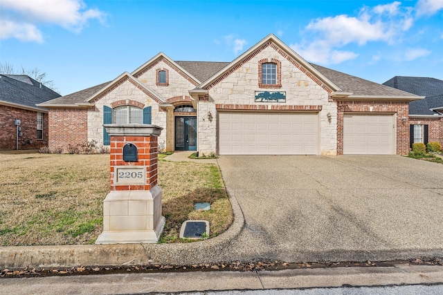 french country home featuring a front lawn, driveway, stone siding, roof with shingles, and brick siding