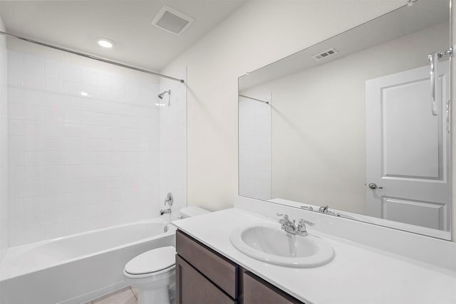 full bath with vanity, shower / bathing tub combination, toilet, and visible vents