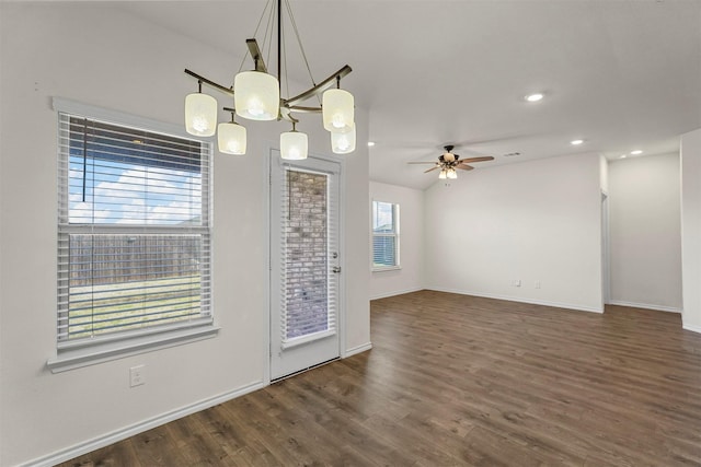 spare room featuring recessed lighting, baseboards, ceiling fan, and wood finished floors