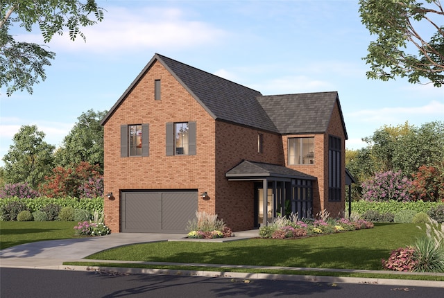 view of front of house featuring driveway, a shingled roof, an attached garage, a front yard, and brick siding