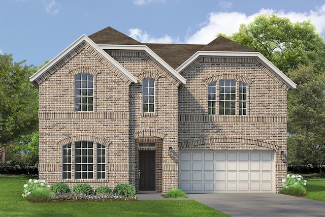 view of front of home featuring concrete driveway, a front yard, a shingled roof, a garage, and brick siding