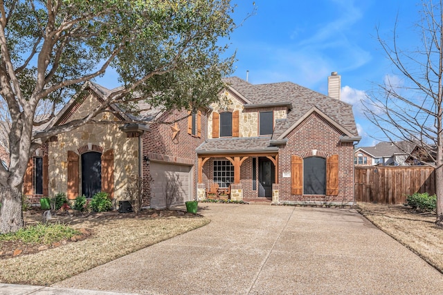 traditional-style home featuring brick siding, stone siding, a chimney, and fence