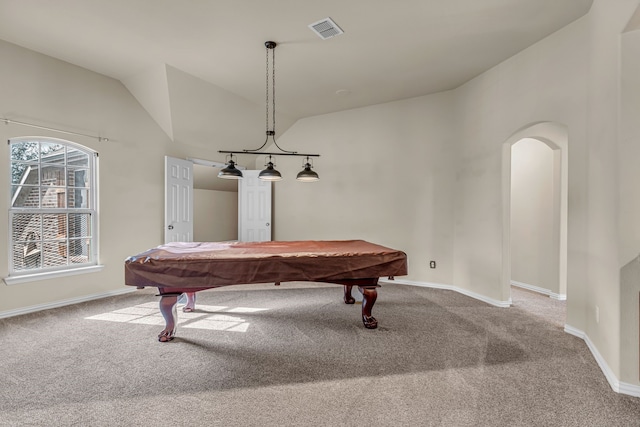 game room with billiards, carpet flooring, visible vents, and vaulted ceiling