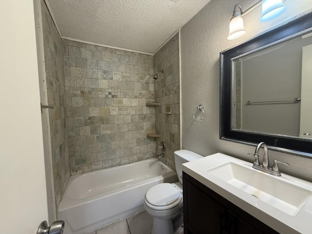 bathroom with vanity, a textured ceiling, shower / tub combination, toilet, and a textured wall