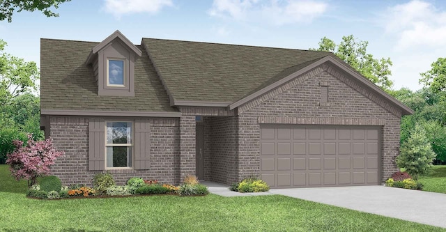 view of front facade featuring a front lawn, concrete driveway, an attached garage, a shingled roof, and brick siding