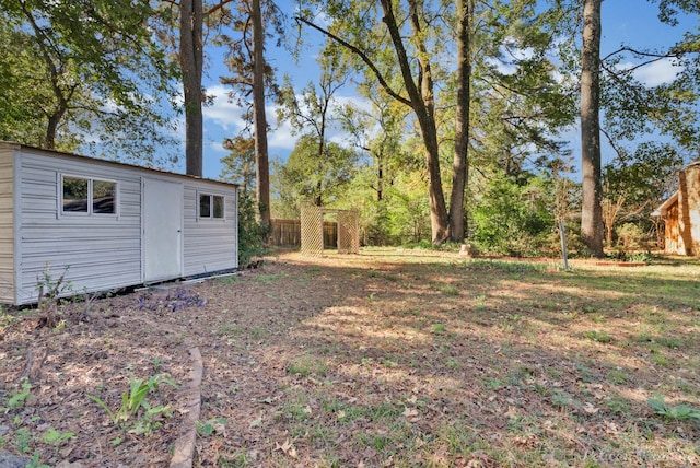 view of yard with an outdoor structure and a storage unit