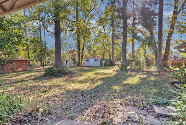 view of yard with a storage unit, a fenced backyard, and an outdoor structure