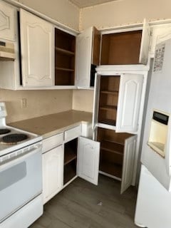 kitchen featuring dark wood-style floors, white electric stove, and open shelves