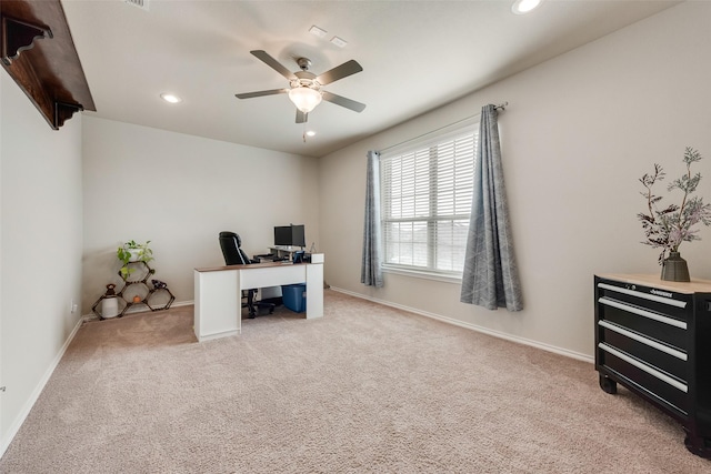 office featuring recessed lighting, baseboards, ceiling fan, and carpet flooring