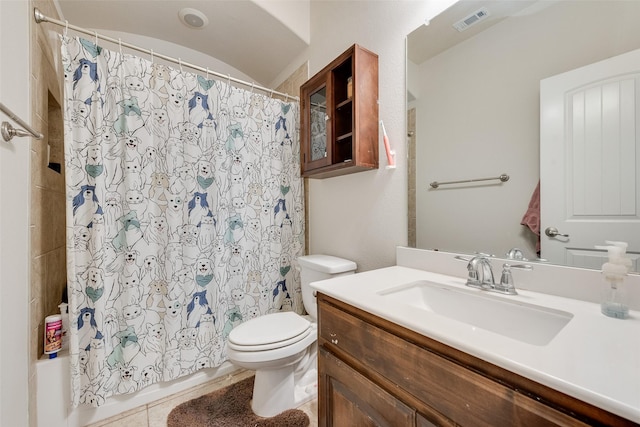 full bath with vanity, visible vents, tile patterned flooring, shower / bath combination with curtain, and toilet