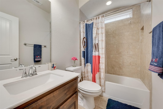 full bathroom with vanity, shower / bathtub combination with curtain, visible vents, tile patterned floors, and toilet