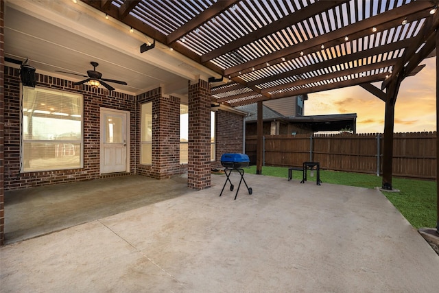 view of patio with a pergola, ceiling fan, and fence