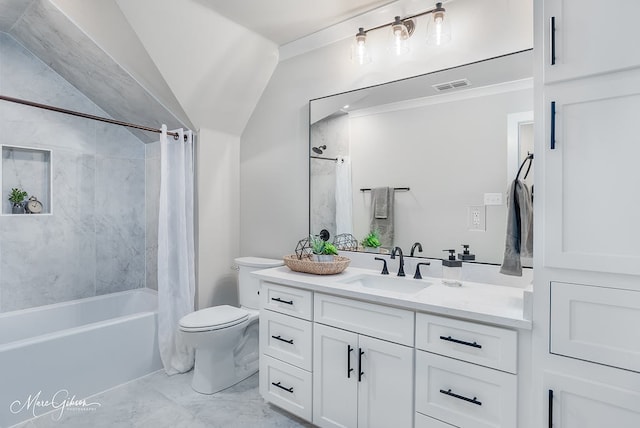 bathroom featuring visible vents, toilet, marble finish floor, shower / tub combo, and vanity