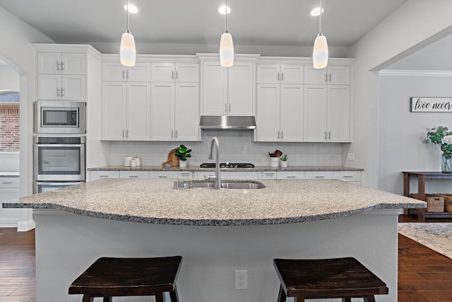 kitchen featuring backsplash, under cabinet range hood, appliances with stainless steel finishes, arched walkways, and dark wood-style flooring