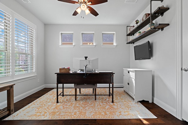 office area with visible vents, baseboards, dark wood-type flooring, and a ceiling fan