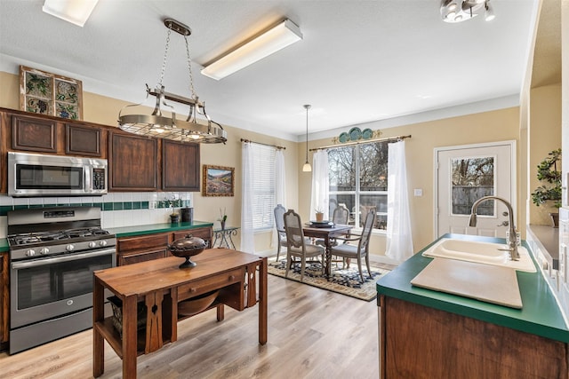 kitchen featuring tasteful backsplash, light wood-style flooring, stainless steel appliances, and a sink