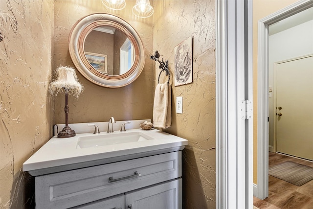 bathroom with vanity, a textured wall, and wood finished floors