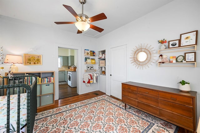 bedroom with wood finished floors and ceiling fan