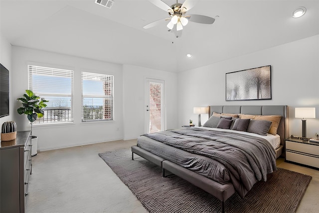 bedroom with a ceiling fan, baseboards, visible vents, recessed lighting, and light carpet